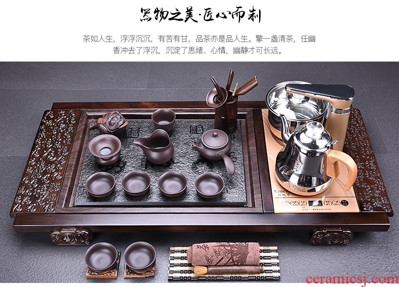 HaoFeng violet arenaceous kung fu tea set suit household ebony wood tea tray tea tea ceramic teapot teacup