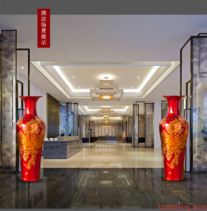 Jingdezhen ceramic floor big red blue vase peony modern Chinese style hotel decoration furnishing articles large living room