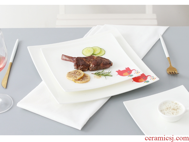 Steak plate plate suit ceramic bone China pure white square creative western food of flat dish plate all the tableware of household