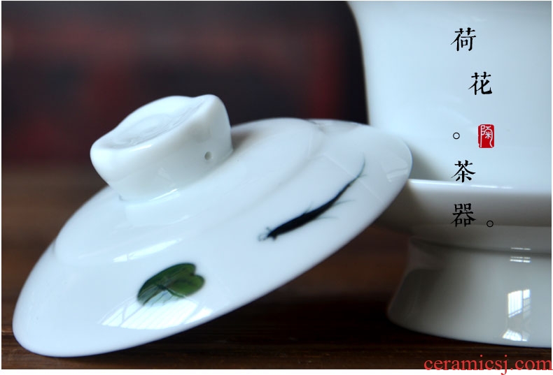 Tao fan blue-and-white ceramics tureen hand-painted hand-painted lotus injury fish tureen three cup bowl kung fu tea accessories