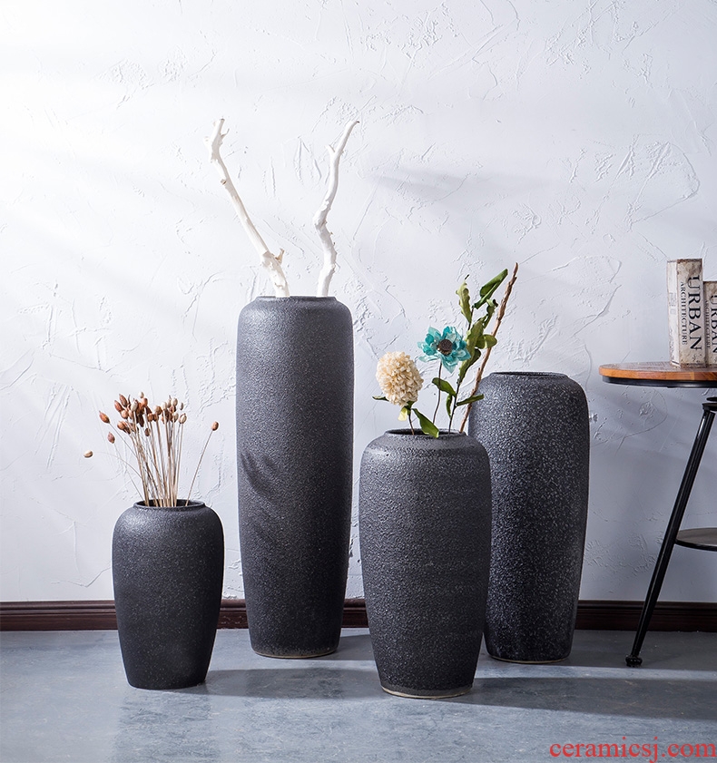 Jingdezhen ceramic black ground coarse pottery vases, contemporary and contracted sitting room of dried flowers flower arrangement furnishing articles manually basin of restoring ancient ways
