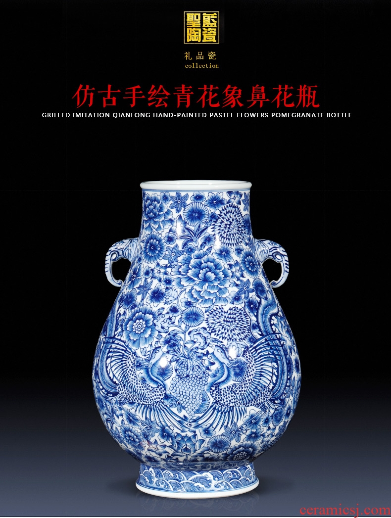 Jingdezhen ceramics imitation qianlong hand-painted ears phoenix of blue and white porcelain vase flower implement new Chinese style living room furnishing articles
