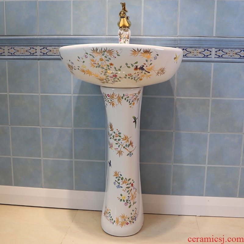 Gold cellnique art pillar basin ceramic lavatory basin contracted STDS hand one-piece modern flowers and birds