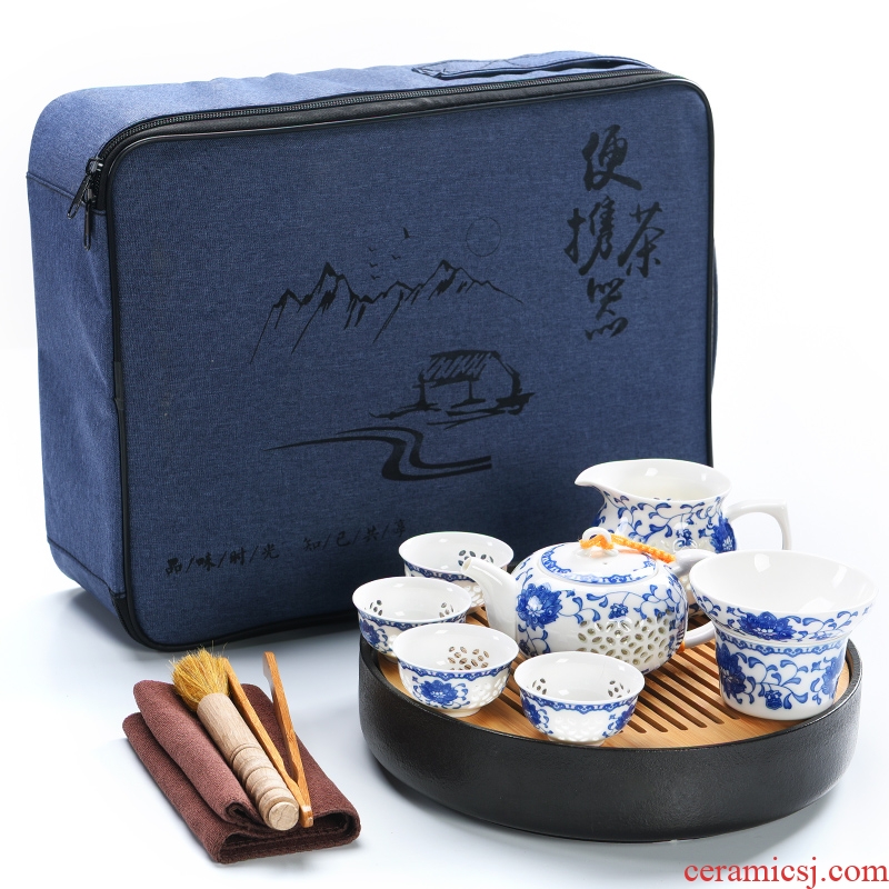 Porcelain ceramic kung fu tea set of portable bag god set the teapot teacup contracted household tourism tea tray