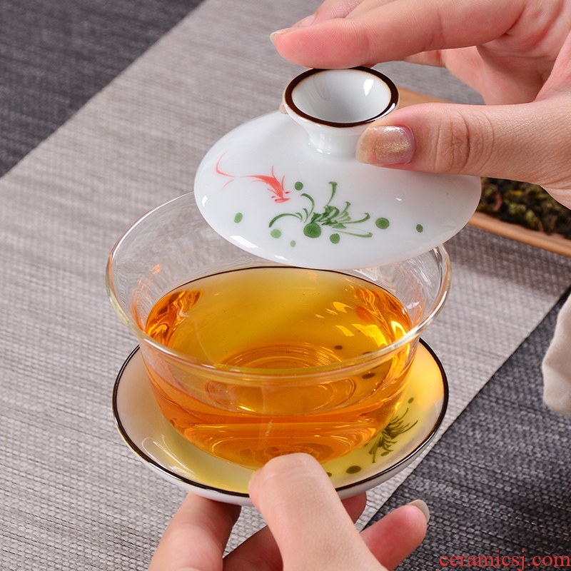 Green tea only three ceramic hand-painted tureen heat-resistant glass bowl kung fu tea bowl to tea tea cups