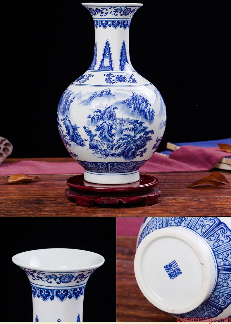 Jingdezhen ceramics antique landscape of blue and white porcelain vase flowers in contemporary household living room decoration decoration