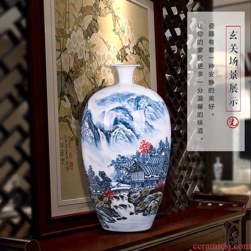Jingdezhen ceramics landscape painting creative hand-painted blue and white porcelain vases, new Chinese style porch office furnishing articles