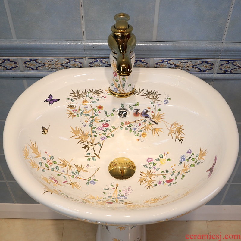 Gold cellnique art pillar basin ceramic lavatory basin contracted STDS hand one-piece modern flowers and birds