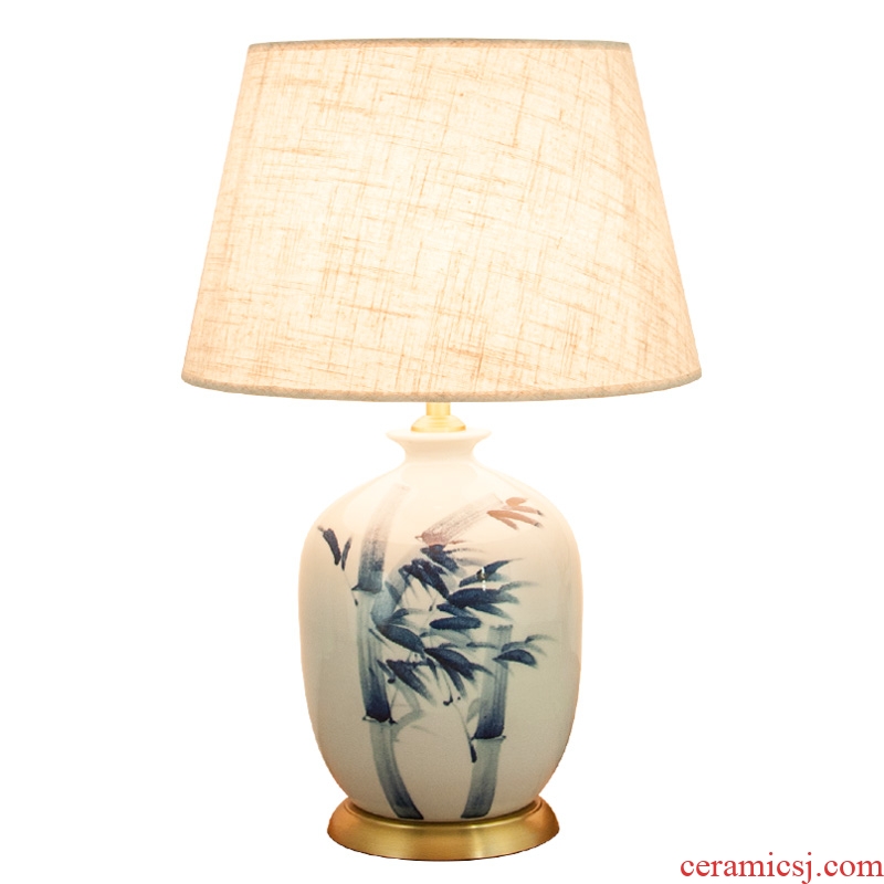 Modern new Chinese style full copper ceramic desk lamp hand-painted bamboo hotel decorated living room bedroom berth lamp 1036 study