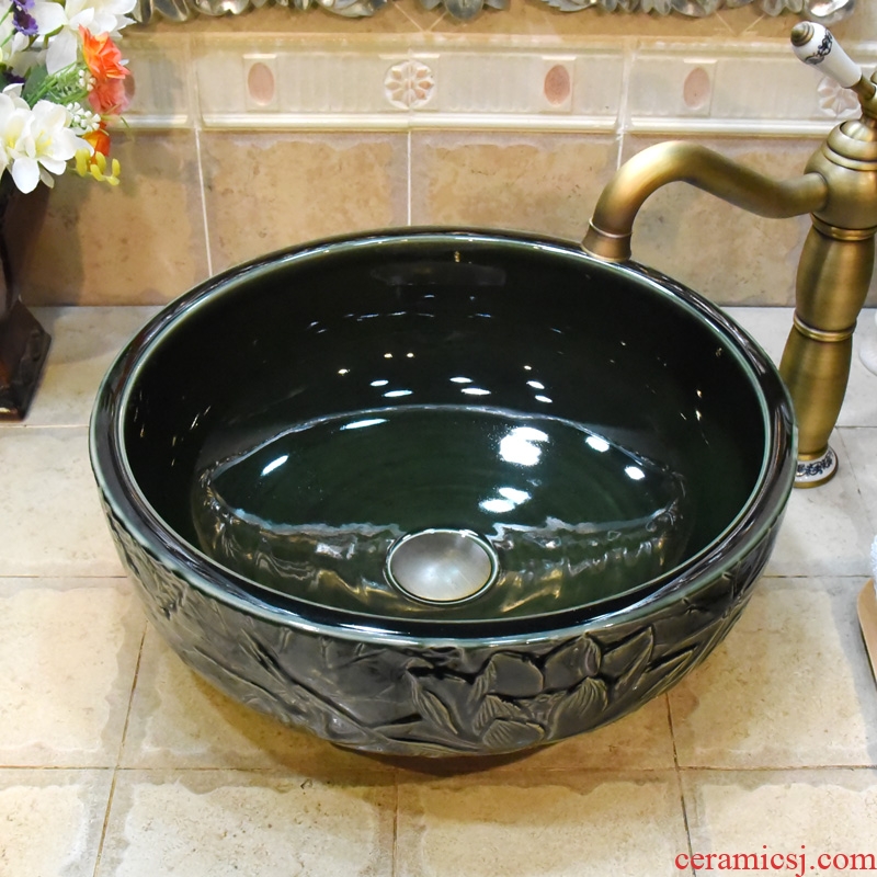 JingYuXuan blackish green deep carved lotus of jingdezhen ceramic art basin bathroom restoring ancient ways the basin that wash a face hand wash basin