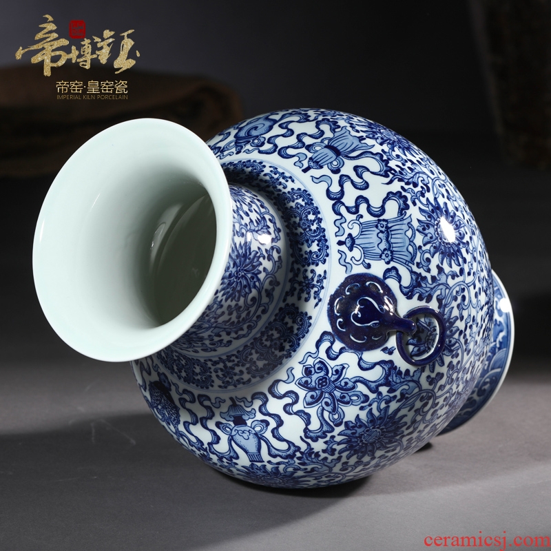 Jingdezhen ceramics imitation qing qianlong blue tie up lotus flower sweet Chinese style household wealth vase and furnishing articles ornament
