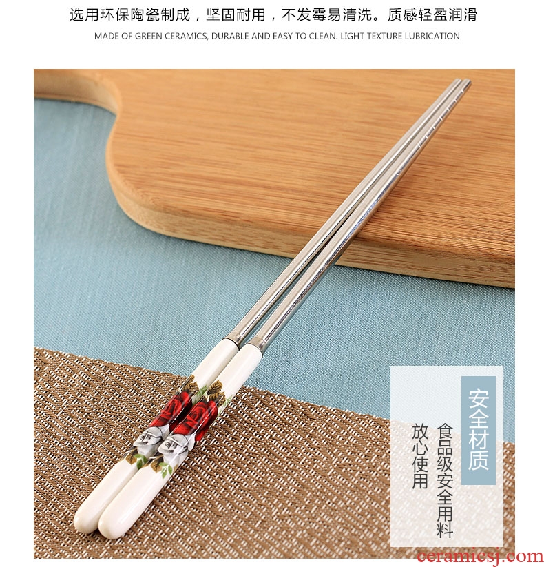 Jingdezhen ceramic handle stainless steel chopsticks insulation mouldproof environmental health chopsticks portable hot resistant to fall flowers