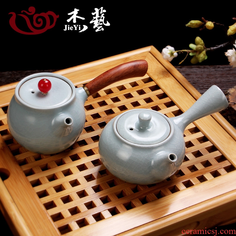 Jade art your kiln side blue ceramic pot of single teapot day kung fu tea set side pot of Japanese wood handle agate POTS