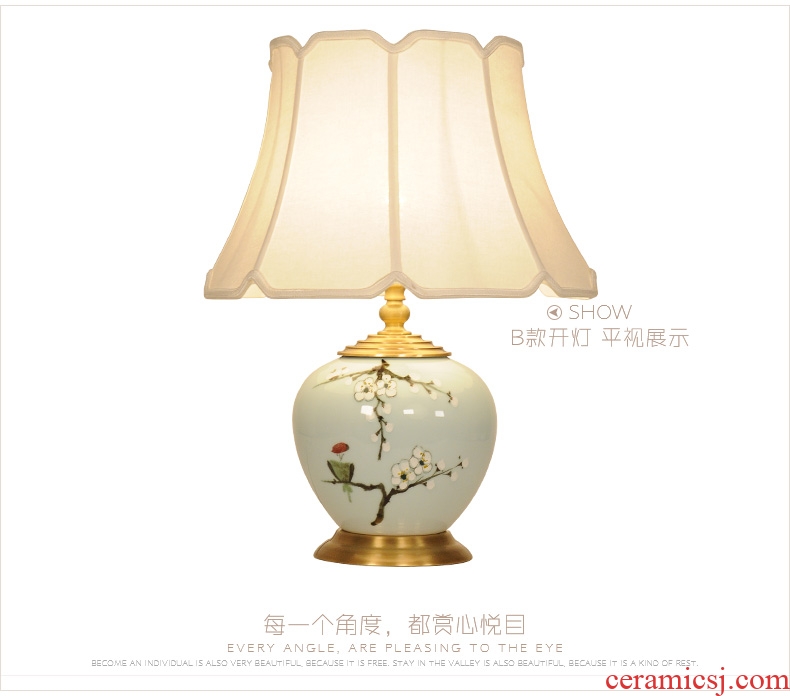 All copper ceramic desk lamp LED lamp of bedroom the head of a bed creative personality hand-painted painting of flowers and a sitting room a study of new Chinese style lamp X