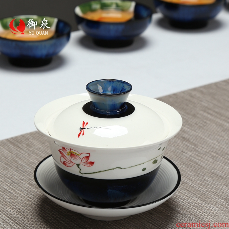 Imperial springs tureen ceramic kung fu tea set suit household contracted hand-painted Japanese tea ceremony kiln teapot tea cups