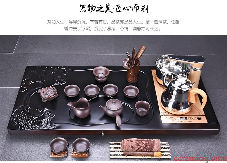 HaoFeng violet arenaceous kung fu tea set suit household ebony wood tea tray tea tea ceramic teapot teacup