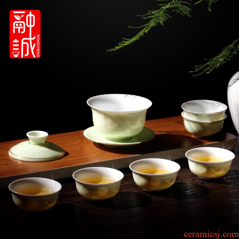 Ceramic graven images tureen celadon anaglyph bowl only three large white porcelain bowl kung fu tea set finger bowl of tea