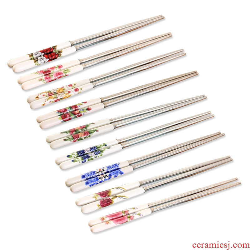 Jingdezhen ceramic handle stainless steel chopsticks insulation mouldproof environmental health chopsticks portable hot resistant to fall flowers