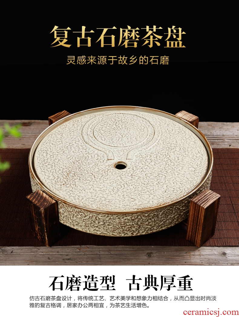 Bin DE stone mill ceramic round antique solid wood tea tray, dry tea set a large pot of 12 water drainage water