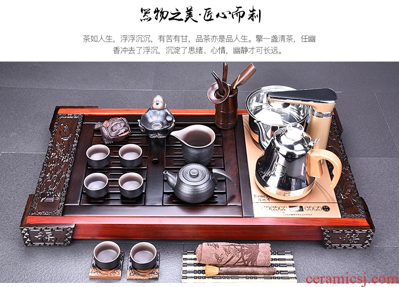 HaoFeng violet arenaceous kung fu tea set suit household ebony wood tea tray tea tea ceramic teapot teacup