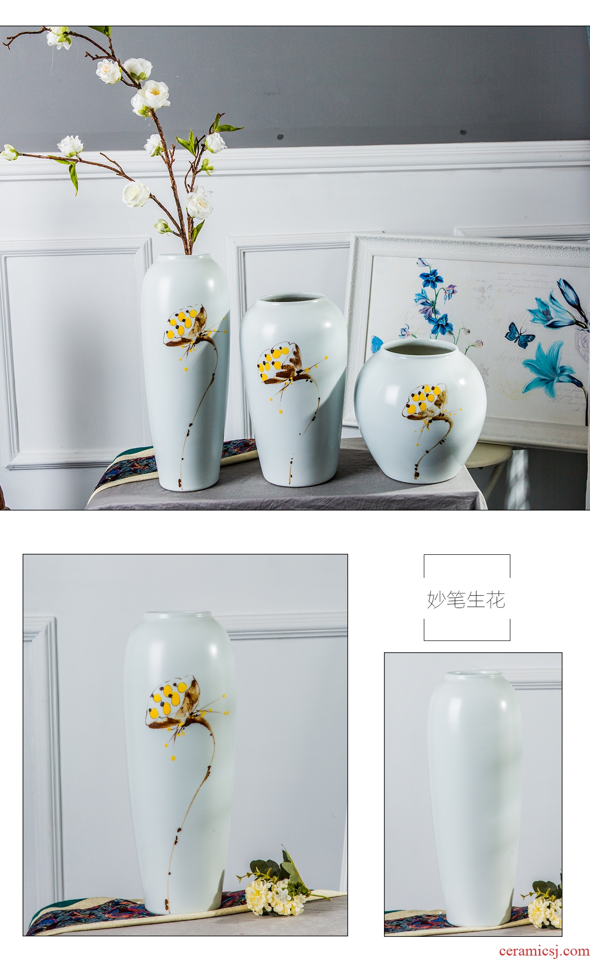 Home decoration Chinese vase furnishing articles three-piece hand-painted jingdezhen ceramic vases, flower arrangement craft small place