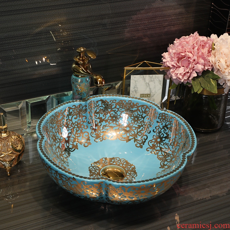 Gold cellnique European art basin of household ceramics basin bathroom basin taps blue gold coloured drawing or pattern