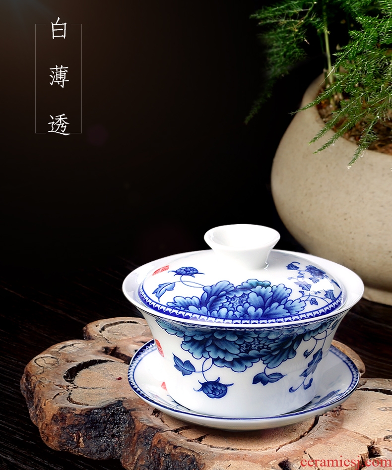 Tureen tea bowl large tea sets jingdezhen blue and white porcelain ceramic white porcelain tea bowl three bowl hand grasp pot