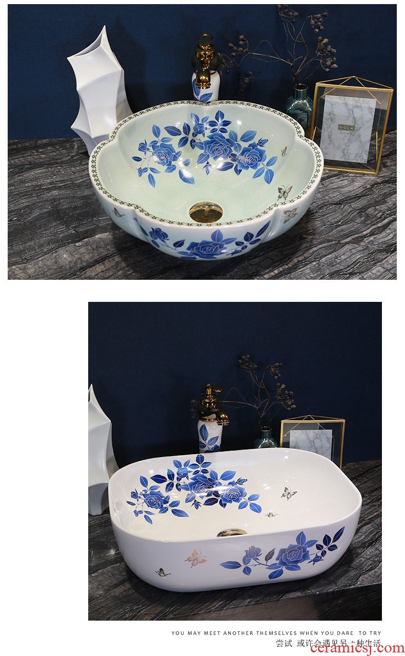 Simple fashion stage basin ceramic lavabo blue roses lavatory oval face basin bathroom art basin