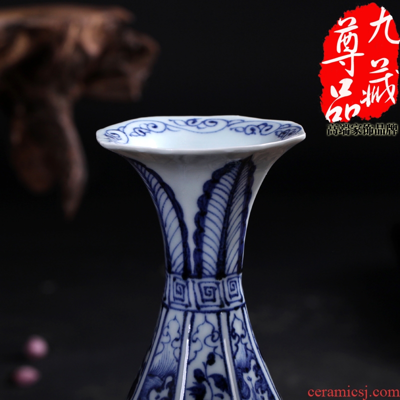 Jingdezhen ceramics antique blue-and-white eight arrises sea tangle branch lines okho spring vase household crafts