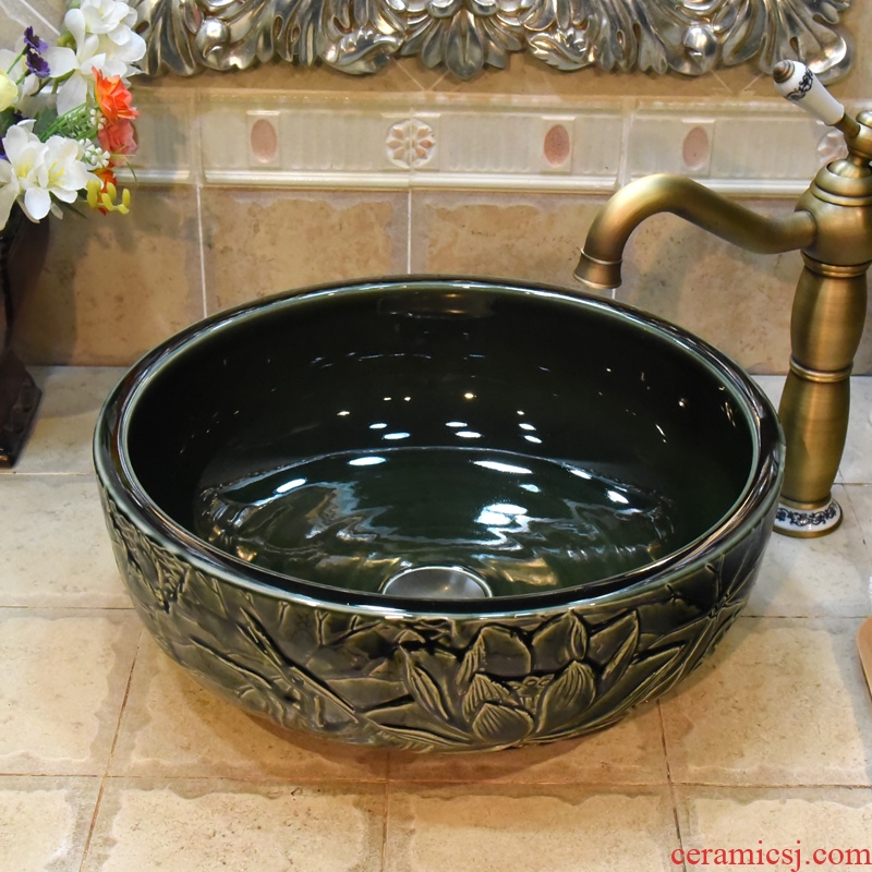 JingYuXuan blackish green deep carved lotus of jingdezhen ceramic art basin bathroom restoring ancient ways the basin that wash a face hand wash basin