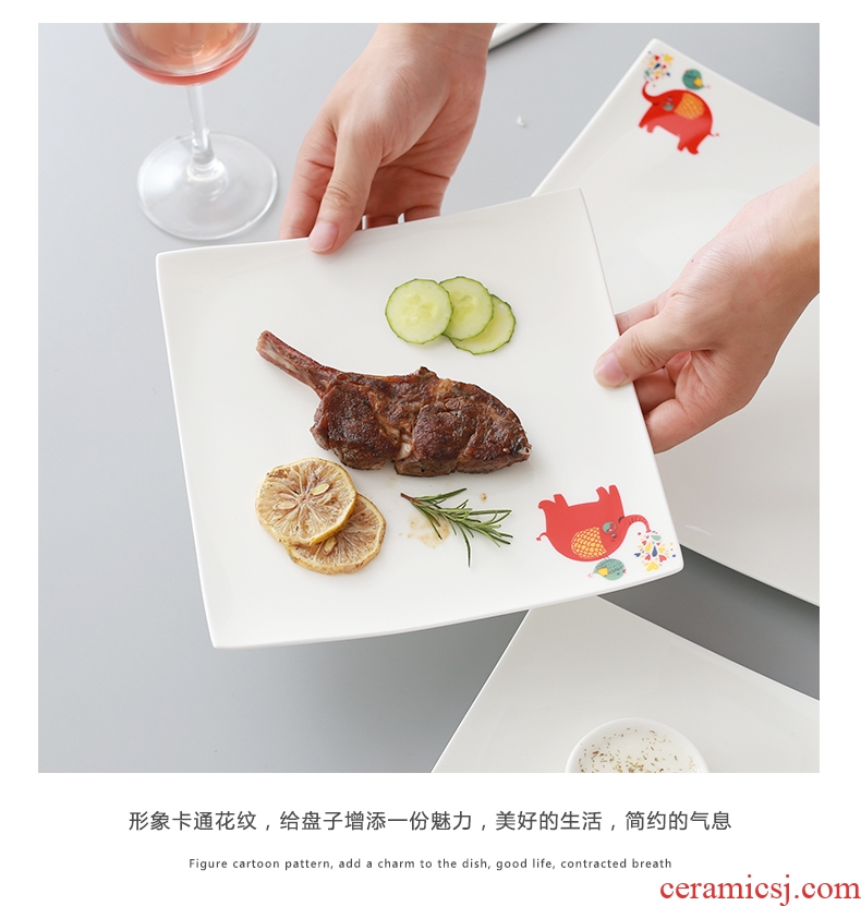 Steak plate plate suit ceramic bone China pure white square creative western food of flat dish plate all the tableware of household