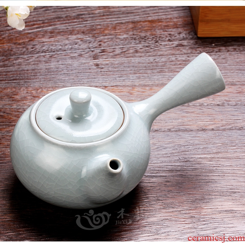 Jade art your kiln side blue ceramic pot of single teapot day kung fu tea set side pot of Japanese wood handle agate POTS