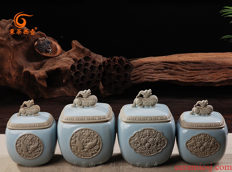 The great east west tea pot size ceramic POTS guanyao anaglyph kirin celadon seal Chinese black tea caddy size