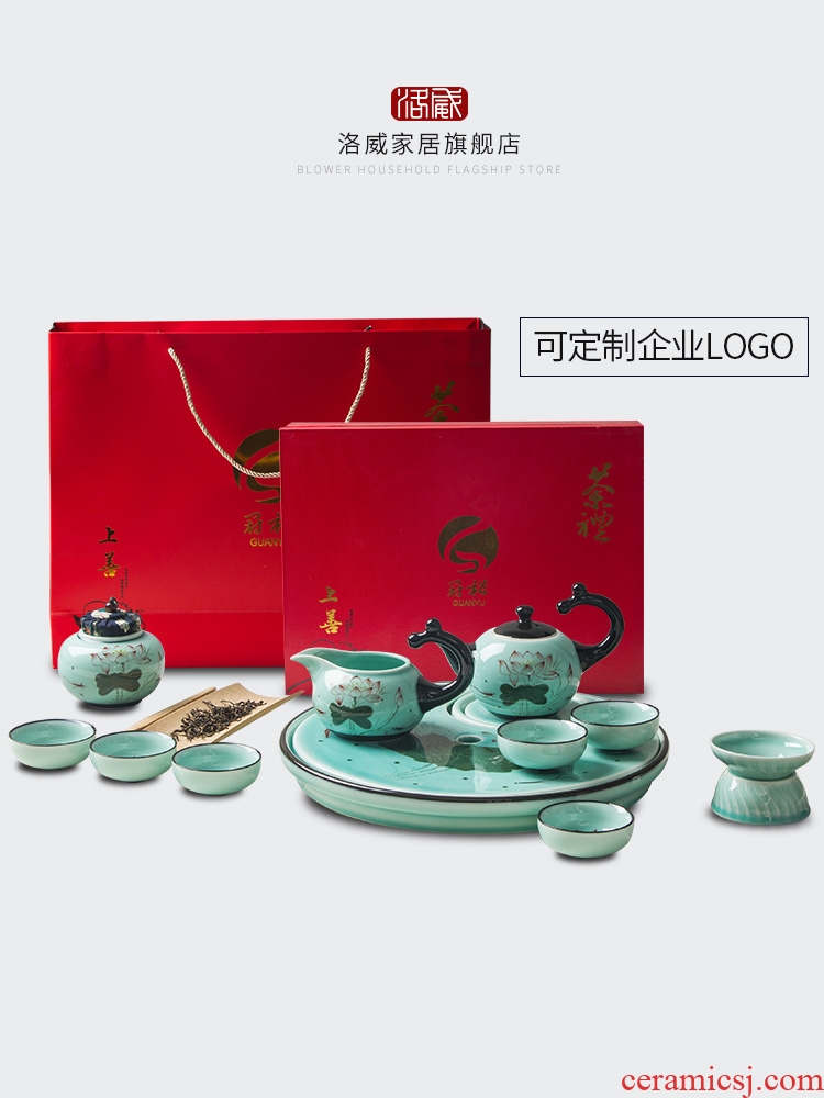 Kung fu tea set home office tea kettle celadon porcelain lotus jingdezhen hand-painted tea tea table