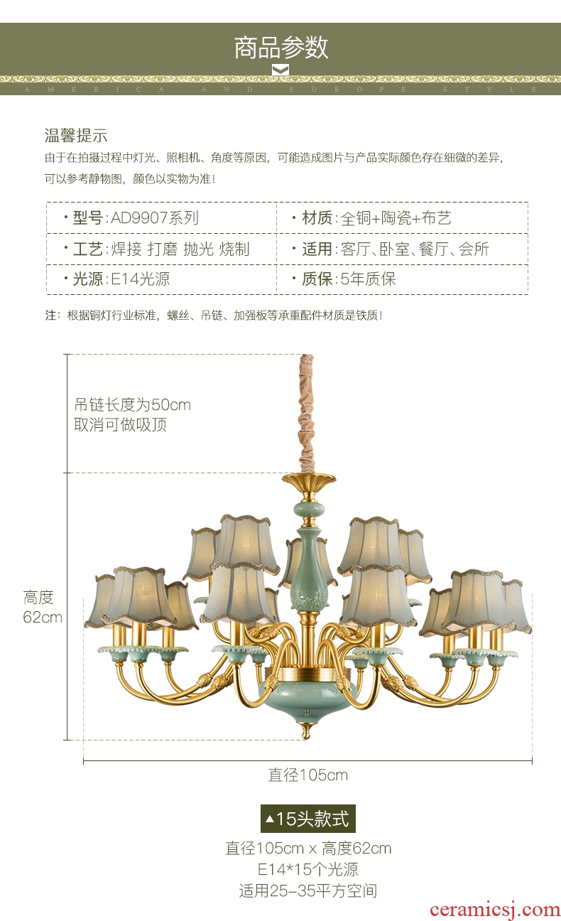 Full copper Europe type droplight luxury atmosphere American ceramic villa living room lamp lights the club hotel lobby engineering lamps and lanterns