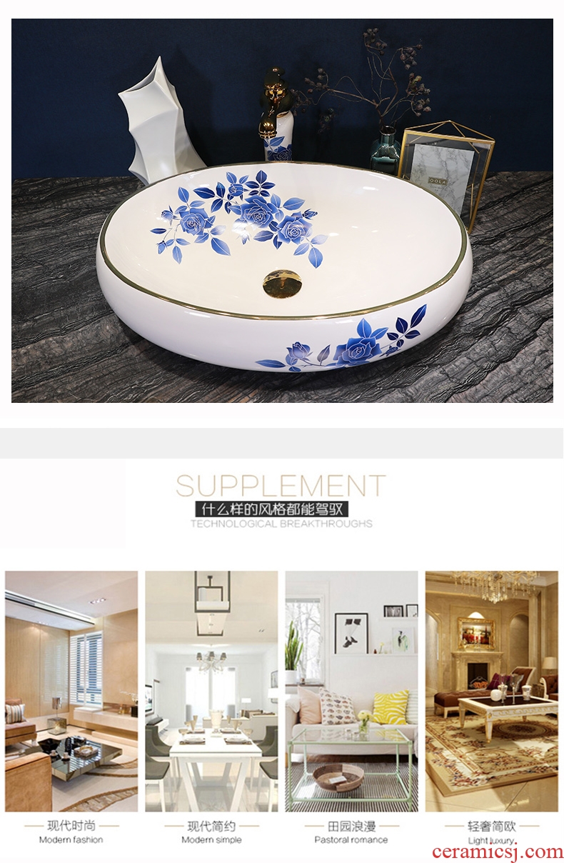 Simple fashion stage basin ceramic lavabo blue roses lavatory oval face basin bathroom art basin