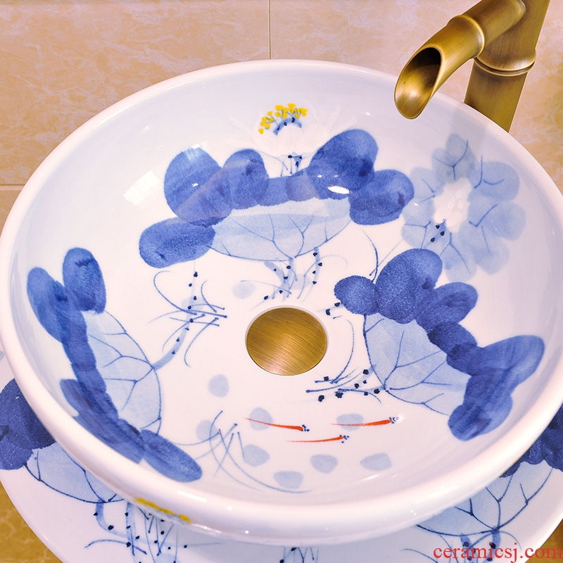 Tao basin of jingdezhen ceramic column set of art basin/ceramic column three-piece - basin - blue