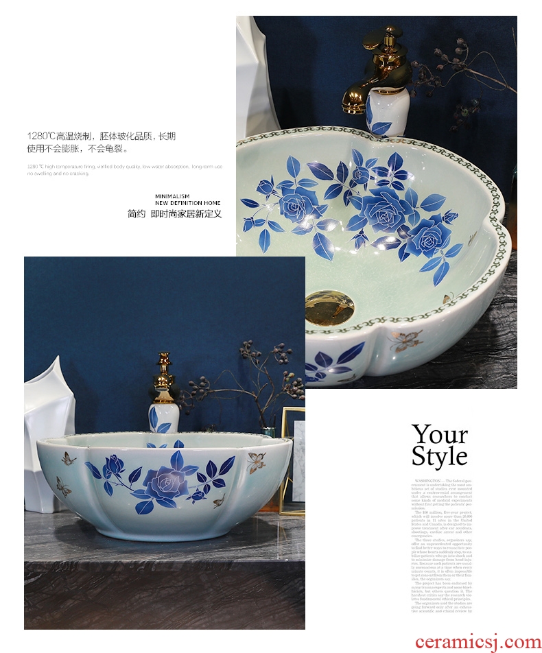 Simple fashion stage basin ceramic lavabo blue roses lavatory oval face basin bathroom art basin