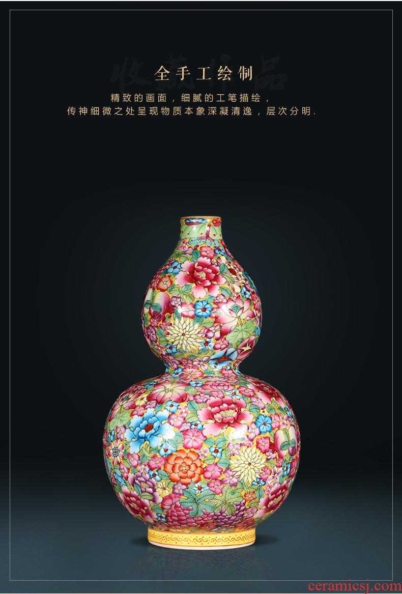 Jingdezhen ceramics hand-painted pastel gourd vases, antique Chinese style living room porch rich ancient frame decorations furnishing articles