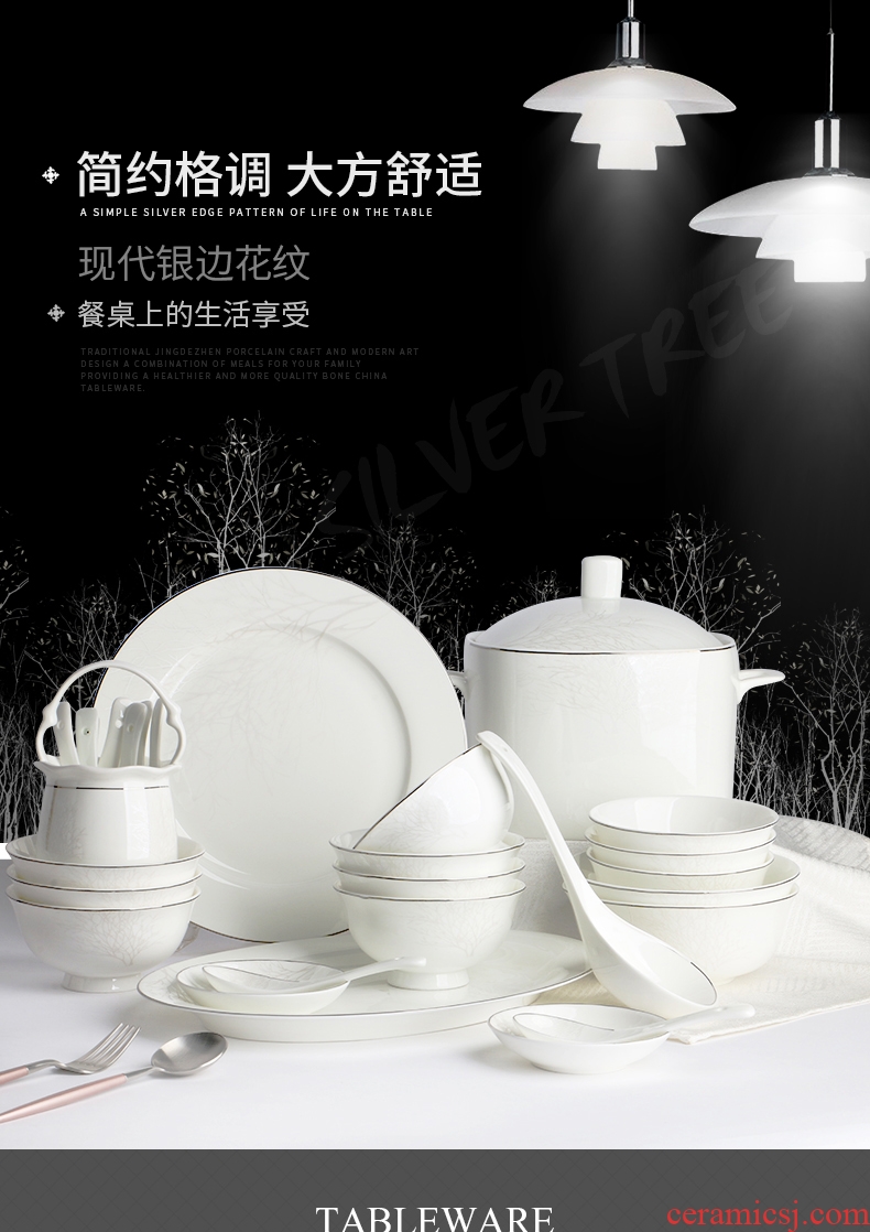 Japanese contracted personality dishes suit domestic high-grade jingdezhen northern wind web celebrity creative silver edge bone porcelain tableware