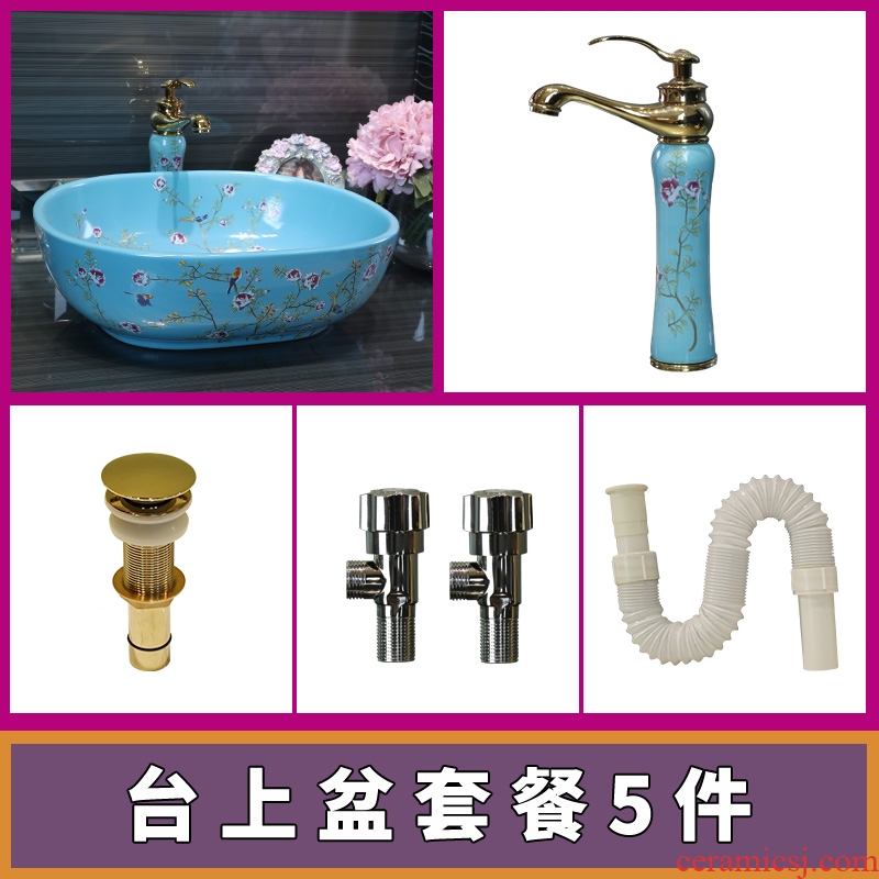 Gold cellnique colored flower stage basin ceramic lavatory oval blue wash basin sink fashion