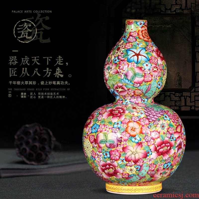 Jingdezhen ceramics hand-painted pastel gourd vases, antique Chinese style living room porch rich ancient frame decorations furnishing articles