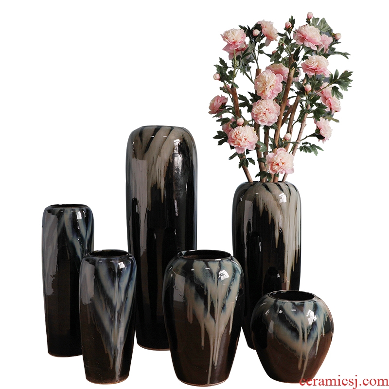 Contemporary and contracted hotel lobby floor black ceramic vase furnishing articles power pottery flower arranging, villa example room