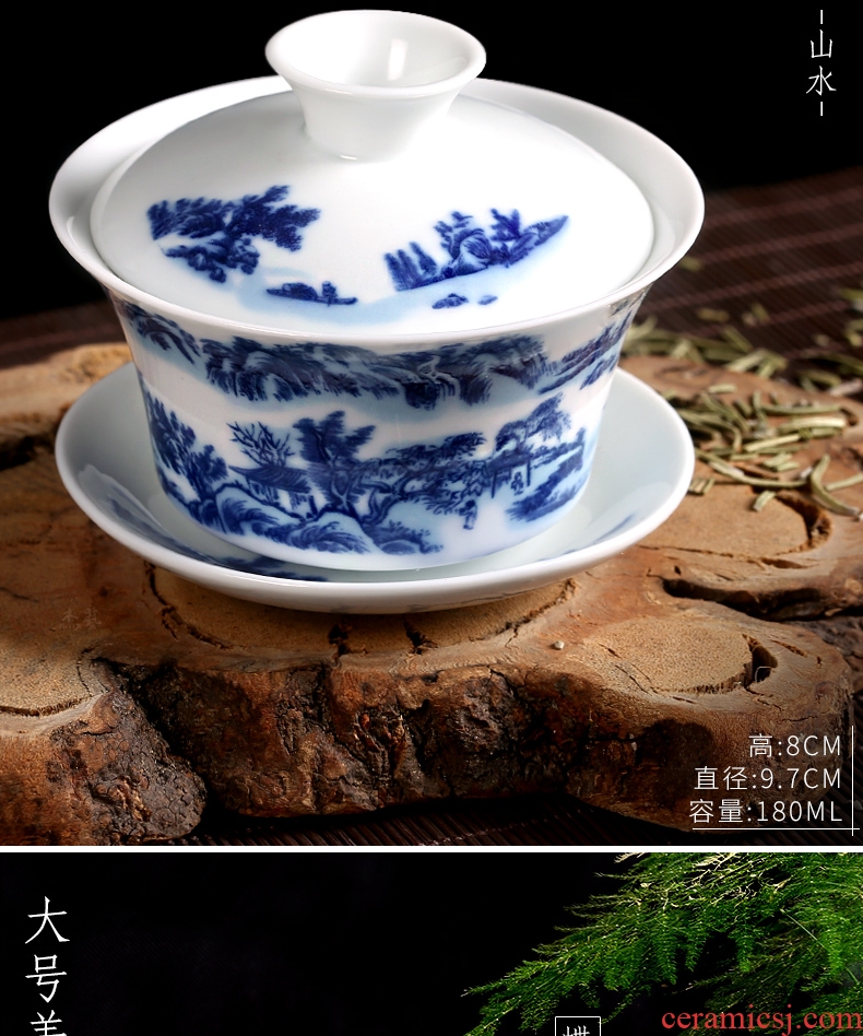 Tureen tea bowl large tea sets jingdezhen blue and white porcelain ceramic white porcelain tea bowl three bowl hand grasp pot