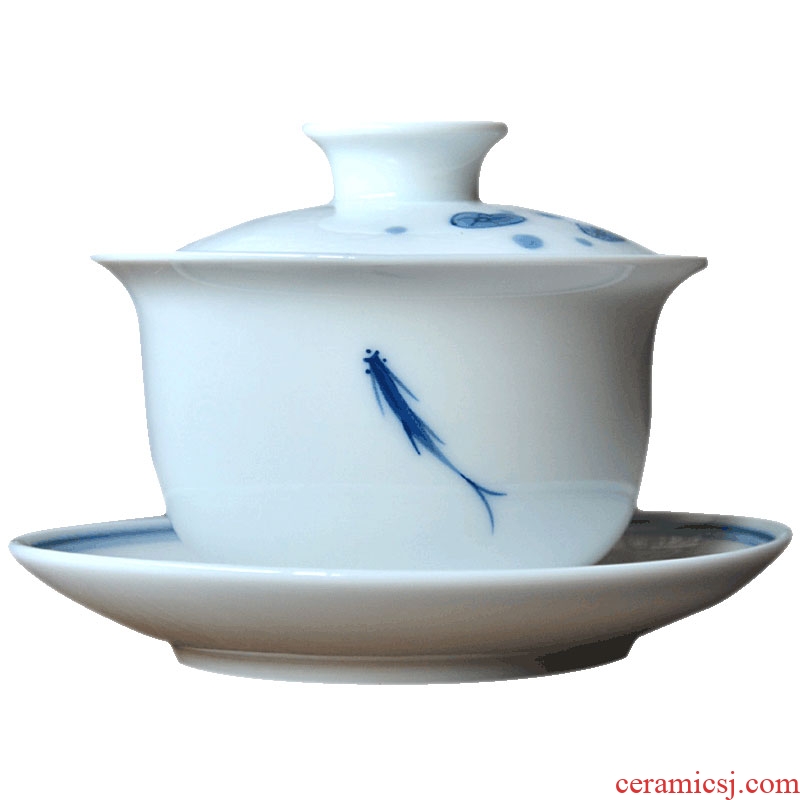 Tao fan blue-and-white ceramics tureen hand-painted hand-painted lotus injury fish tureen three cup bowl kung fu tea accessories