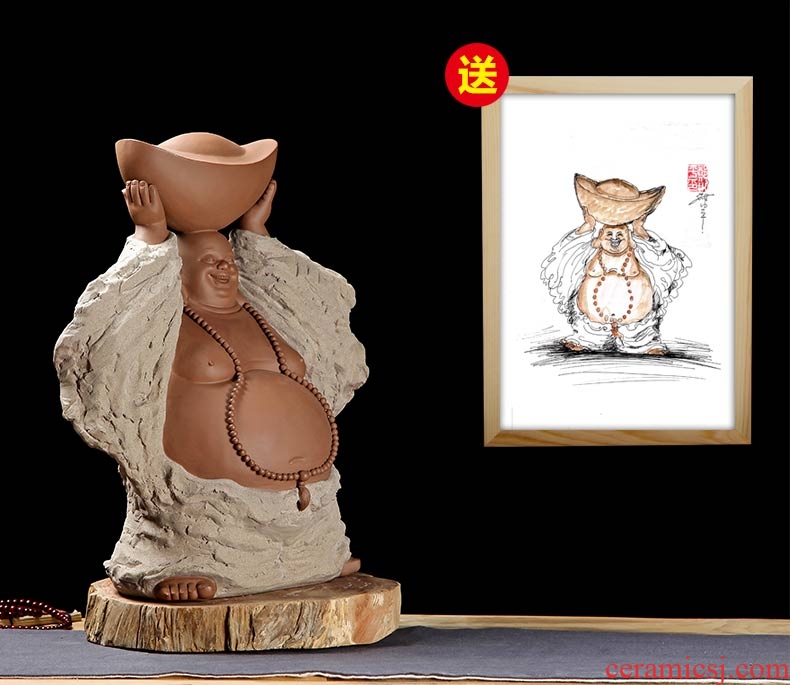 Oriental soil coarse pottery zen furnishing articles ceramic sculpture art housewarming gift/wealth old D40-02