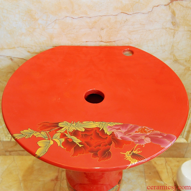 The sink pillar type lavatory ceramic floor balcony sink basin to one column outdoor China red