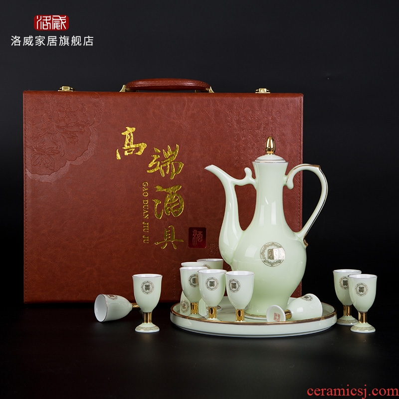 Jingdezhen wine suits ceramic celadon home court of a complete set of antique Chinese jade porcelain paint jar of wine cup