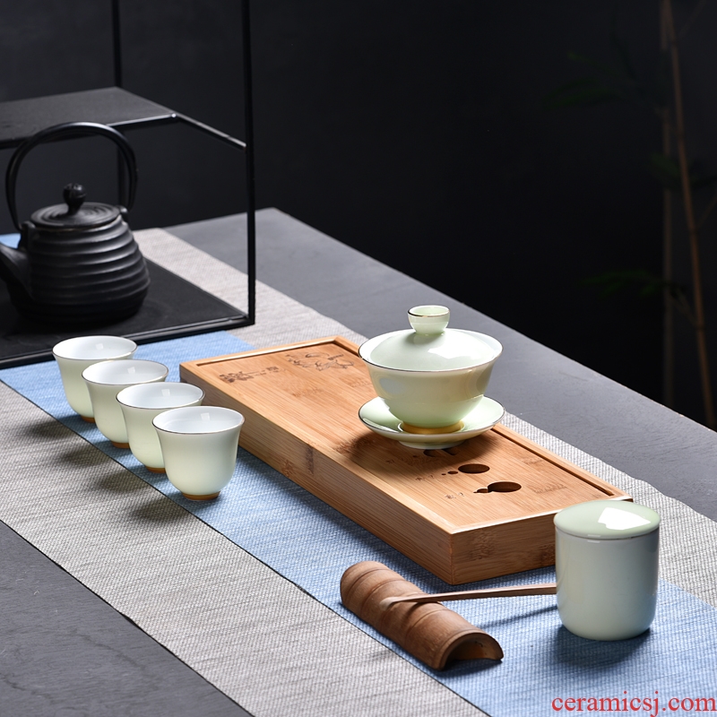 Hong bo need a complete set of ceramic tea set ground water bamboo dry bubble little Japanese kung fu tea tray