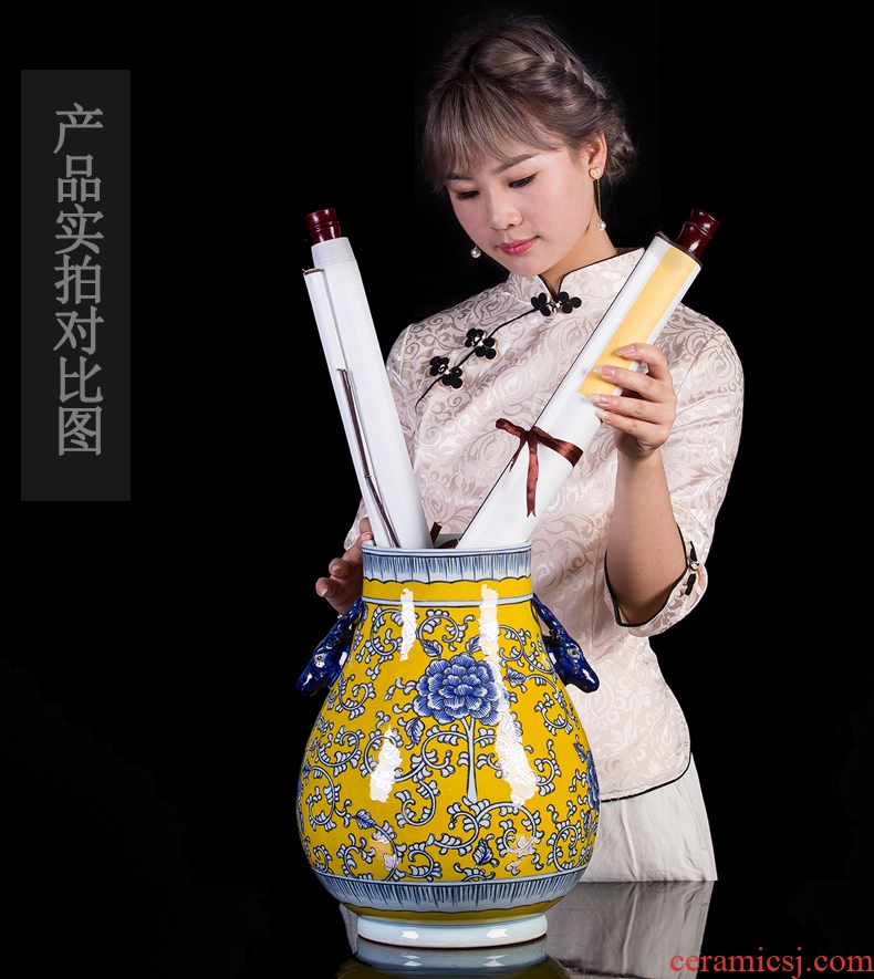 Jingdezhen ceramic vase hand-painted antique yellow blue and white porcelain paint deer head statue of painting and calligraphy study adornment furnishing articles